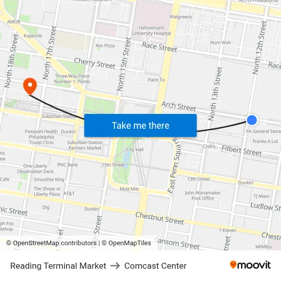 Reading Terminal Market to Comcast Center map
