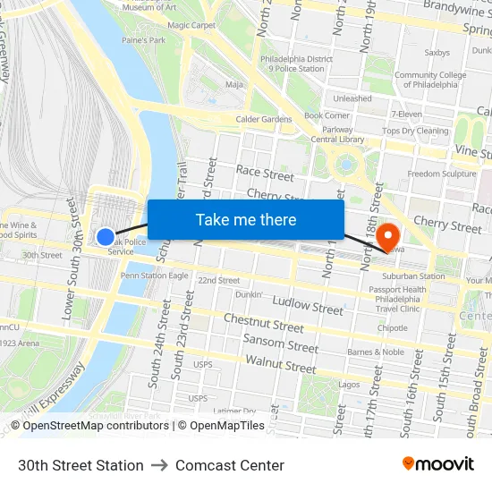 30th Street Station to Comcast Center map