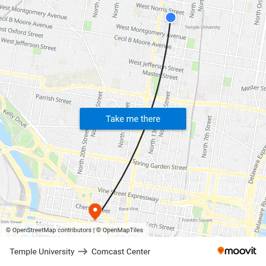 Temple University to Comcast Center map