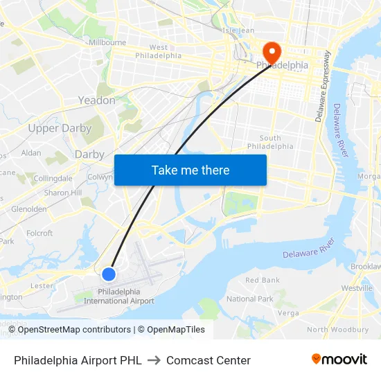 Philadelphia Airport PHL to Comcast Center map