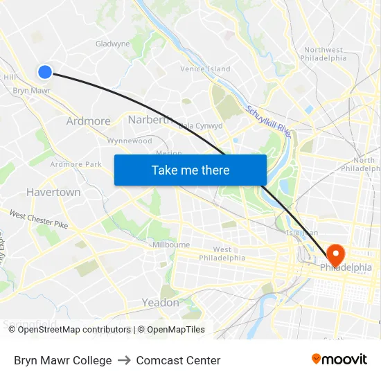 Bryn Mawr College to Comcast Center map