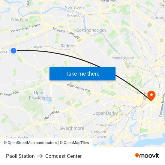 Paoli Station to Comcast Center map