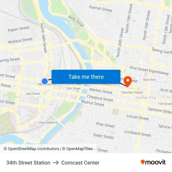 34th Street Station to Comcast Center map