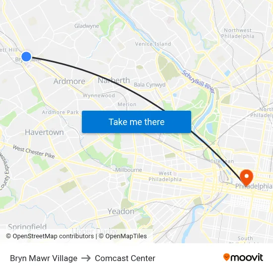 Bryn Mawr Village to Comcast Center map