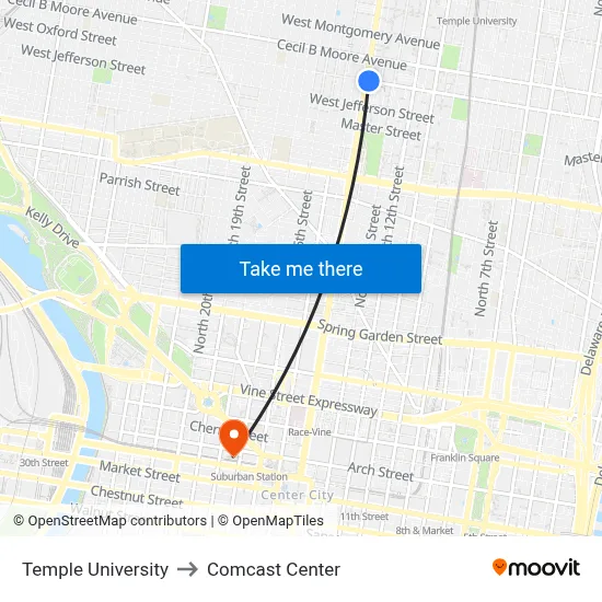 Temple University to Comcast Center map