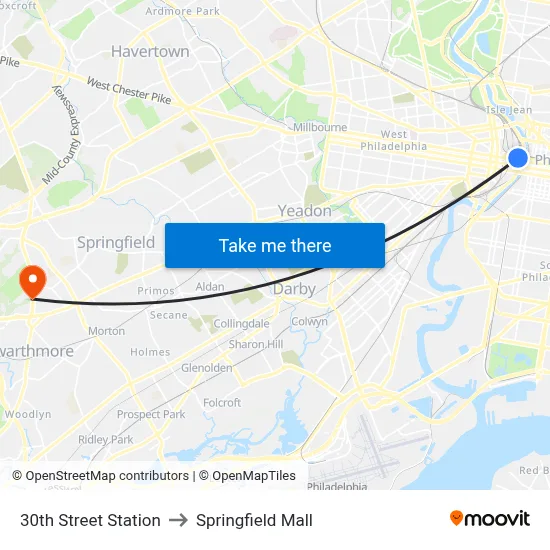 30th Street Station to Springfield Mall map