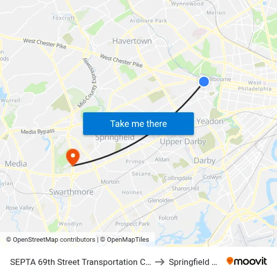 SEPTA 69th Street Transportation Center to Springfield Mall map