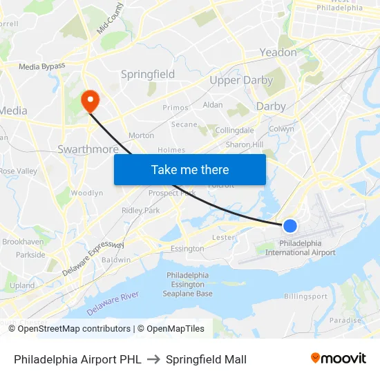Philadelphia Airport PHL to Springfield Mall map
