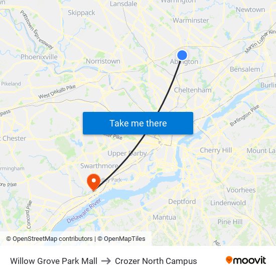 Willow Grove Park Mall to Crozer North Campus map