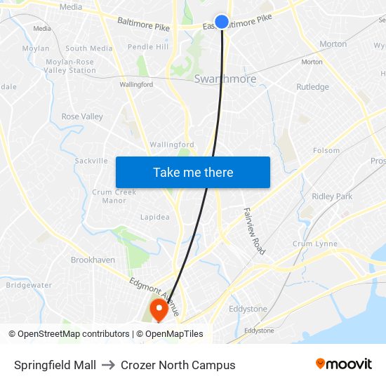 Springfield Mall to Crozer North Campus map