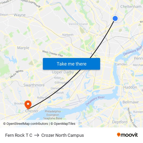 Fern Rock T C to Crozer North Campus map