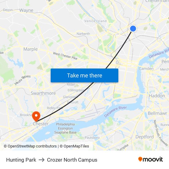 Hunting Park to Crozer North Campus map