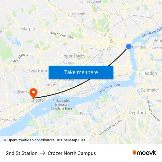 2nd St Station to Crozer North Campus map