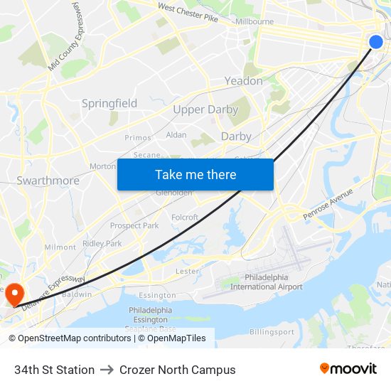 34th St Station to Crozer North Campus map