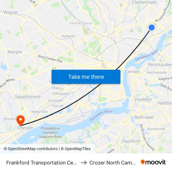 Frankford Transportation Center to Crozer North Campus map