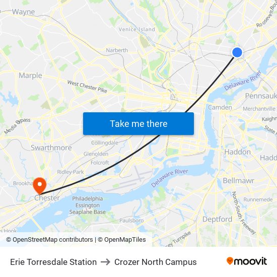 Erie Torresdale Station to Crozer North Campus map