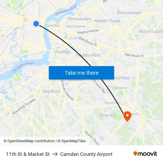 11th St & Market St to Camden County Airport map