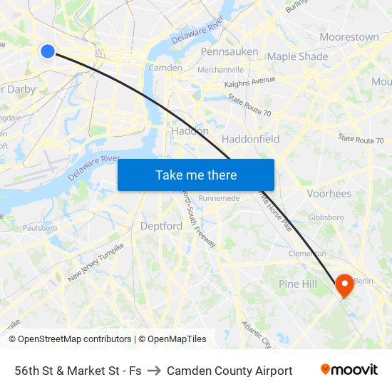 56th St & Market St - Fs to Camden County Airport map