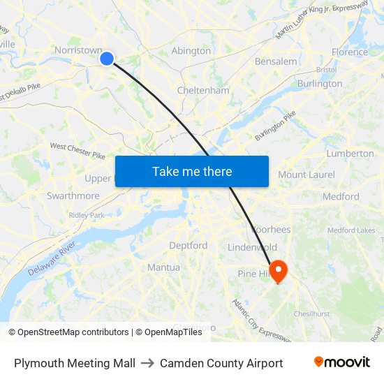 Plymouth Meeting Mall to Camden County Airport map