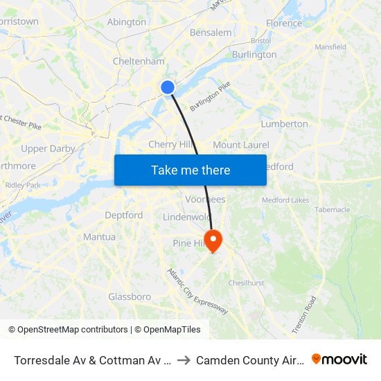 Torresdale Av & Cottman Av Loop to Camden County Airport map