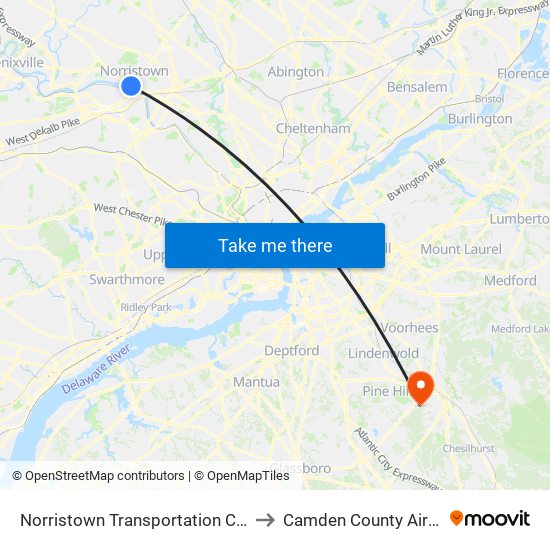 Norristown Transportation Center to Camden County Airport map