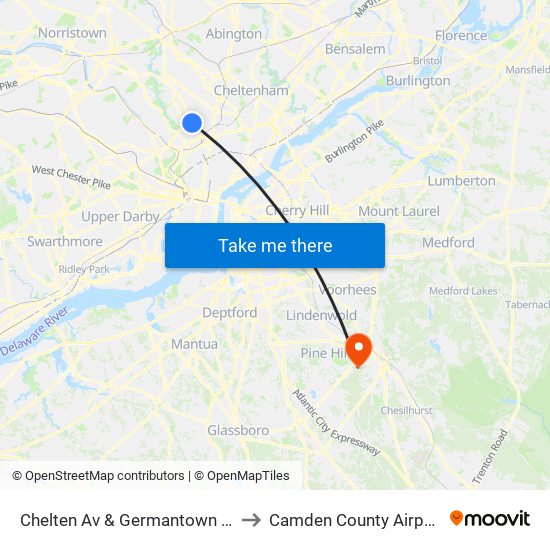 Chelten Av & Germantown Av to Camden County Airport map