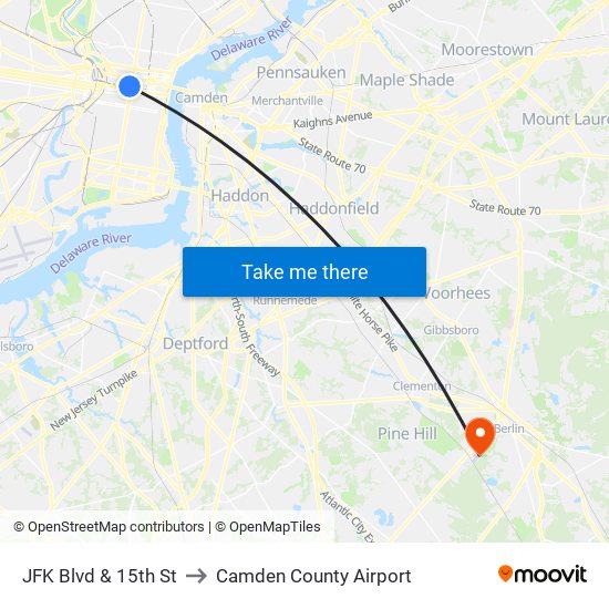 JFK Blvd & 15th St to Camden County Airport map