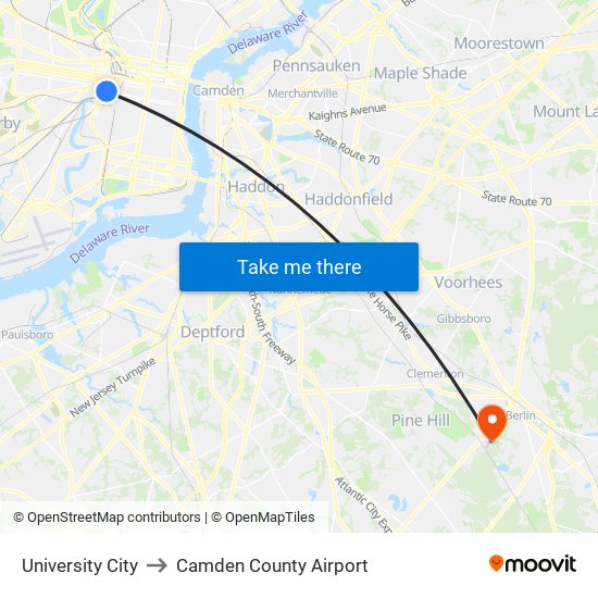 University City to Camden County Airport map