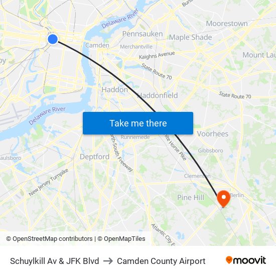 Schuylkill Av & JFK Blvd to Camden County Airport map
