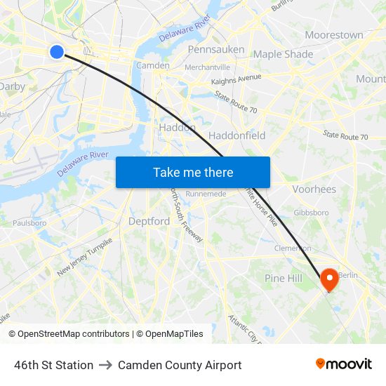 46th St Station to Camden County Airport map