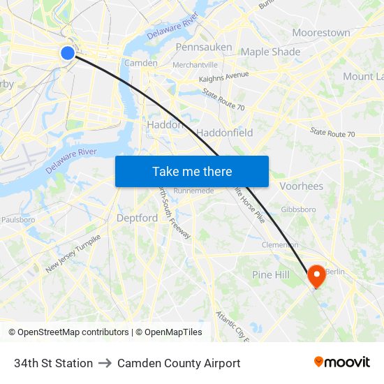 34th St Station to Camden County Airport map