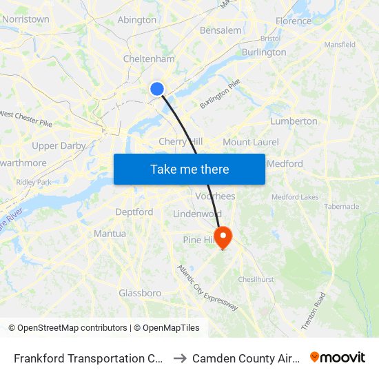 Frankford Transportation Center to Camden County Airport map