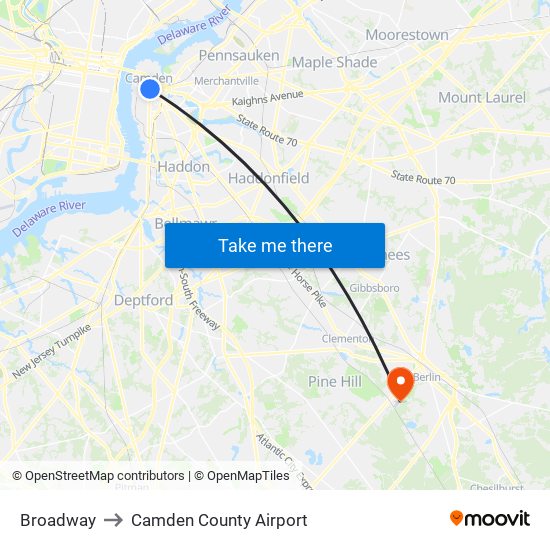 Broadway to Camden County Airport map