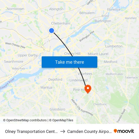 Olney Transportation Center to Camden County Airport map