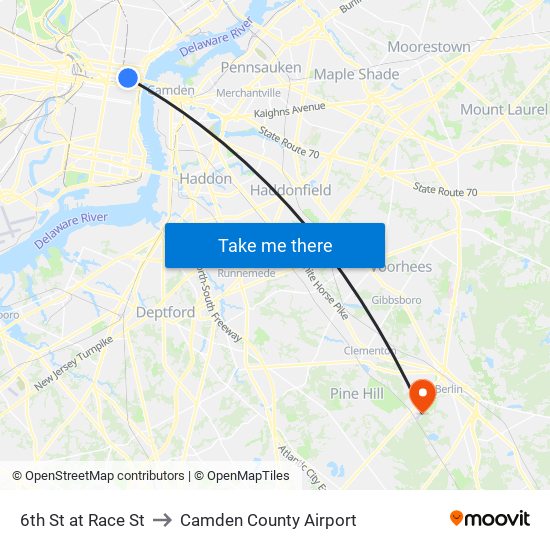 6th St at Race St to Camden County Airport map