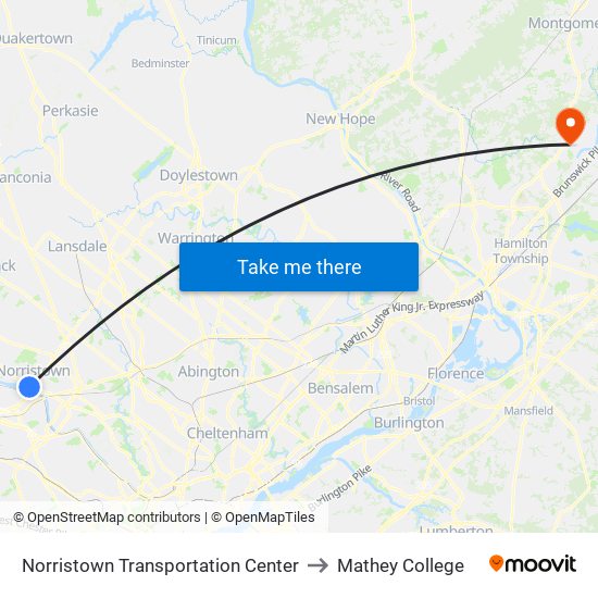 Norristown Transportation Center to Mathey College map