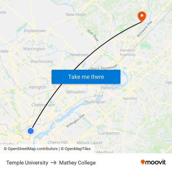 Temple University to Mathey College map