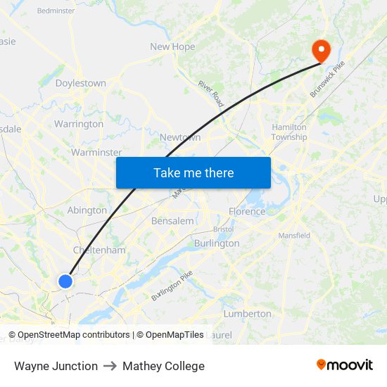 Wayne Junction to Mathey College map