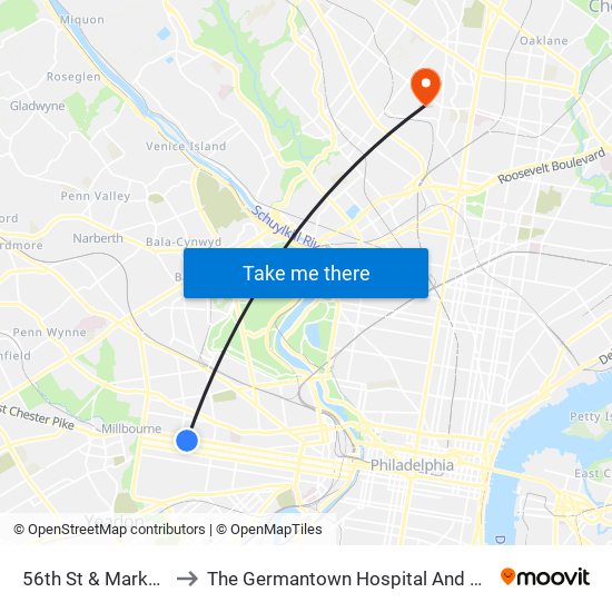 56th St & Market St - Fs to The Germantown Hospital And Medical Center map