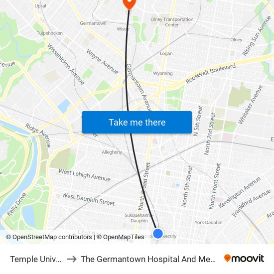 Temple University to The Germantown Hospital And Medical Center map