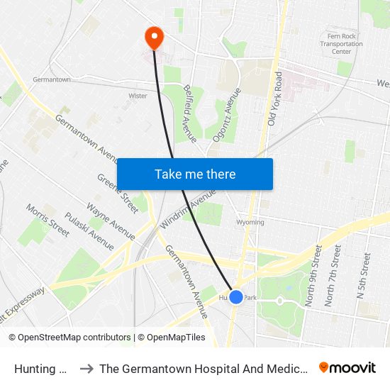 Hunting Park to The Germantown Hospital And Medical Center map