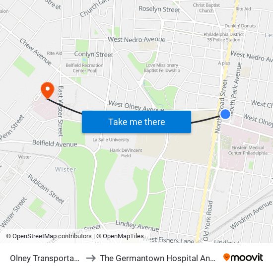 Olney Transportation Center to The Germantown Hospital And Medical Center map