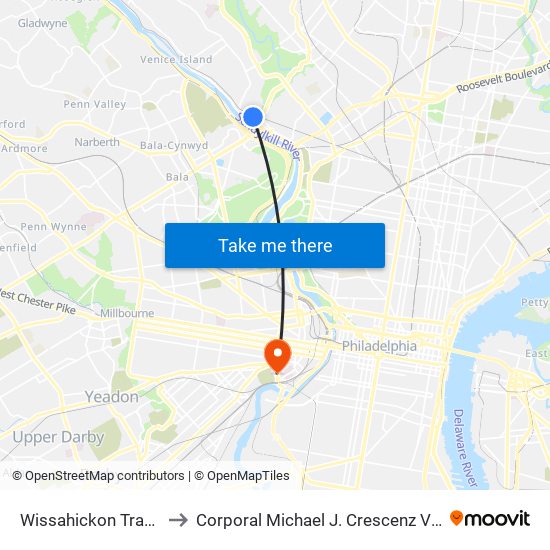 Wissahickon Transportation Center to Corporal Michael J. Crescenz Veterans Affairs Medical Center map