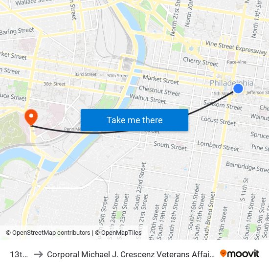 13th St to Corporal Michael J. Crescenz Veterans Affairs Medical Center map