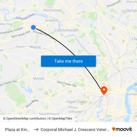 Plaza at King Of Prussia to Corporal Michael J. Crescenz Veterans Affairs Medical Center map