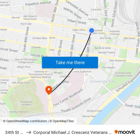 34th St Station to Corporal Michael J. Crescenz Veterans Affairs Medical Center map