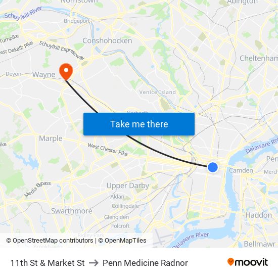 11th St & Market St to Penn Medicine Radnor map