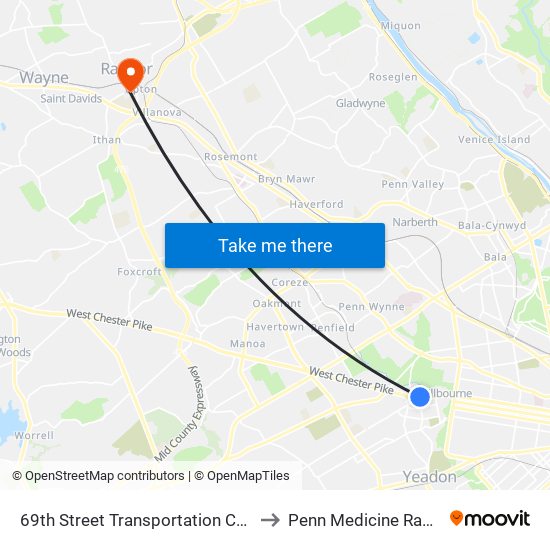 69th Street Transportation Center to Penn Medicine Radnor map
