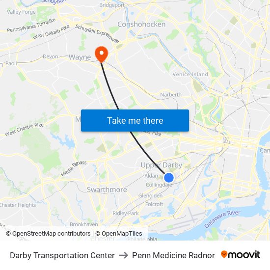 Darby Transportation Center to Penn Medicine Radnor map