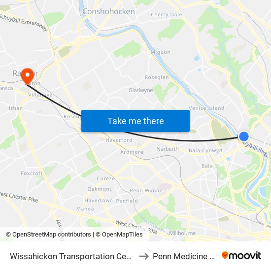 Wissahickon Transit Center to Penn Medicine Radnor map